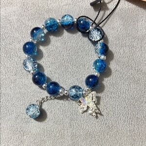 Chic Blue Glass Bead Bracelet with Silver Charm